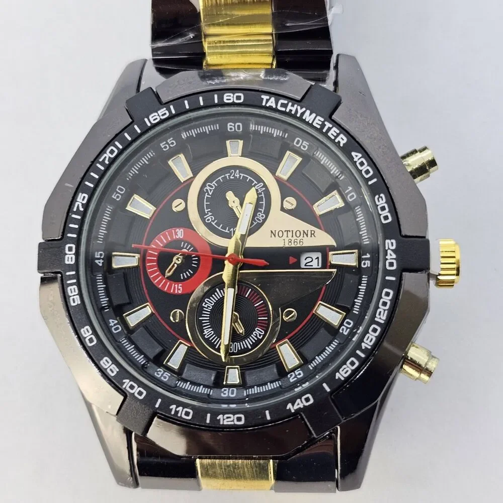 46MM Men's Watch Black Case Black Dial Date‎ Indicator Black Gold Bracelet 8